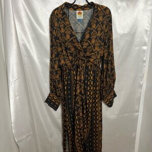 FARM Rio Brown and Black Pleated Wrap Dress with Bishop Sleeves